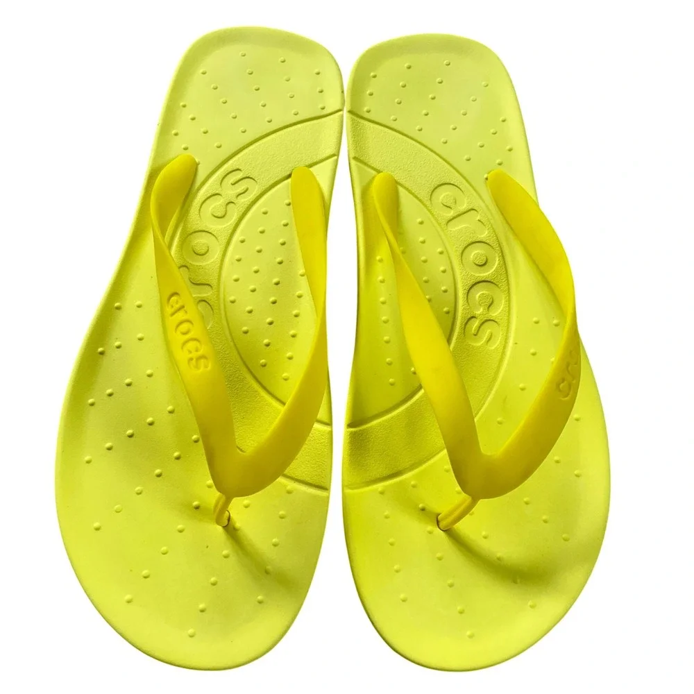 Crocs Flip Flops Neon Yellow Sandals Mens 11 Summer Beach Pool Waterproof Unisex